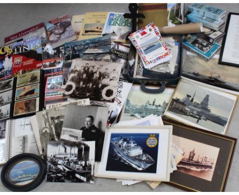A collection of mixed maritime ephemera to include Cunard postcards, Cunard 'Aquitania' folder containing coloured fold-out d