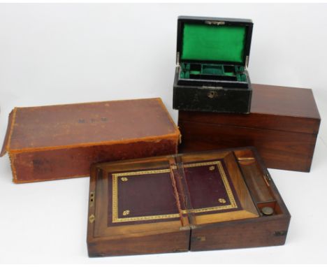 A mahogany-cased writing slope with fitted interior (af), a leather jewellery box with fitted pull-out interior, a stationery