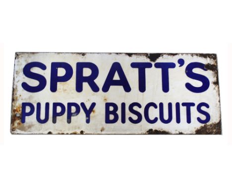 A vintage enamel advertising sign, 'Spratt's Puppy Biscuits', 30.5 x 76cm.