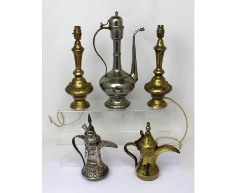 A pair of Omani brass lamp bases with cabochon semi-precious stone decoration, a nickel silver coffee pot, a smaller brass co