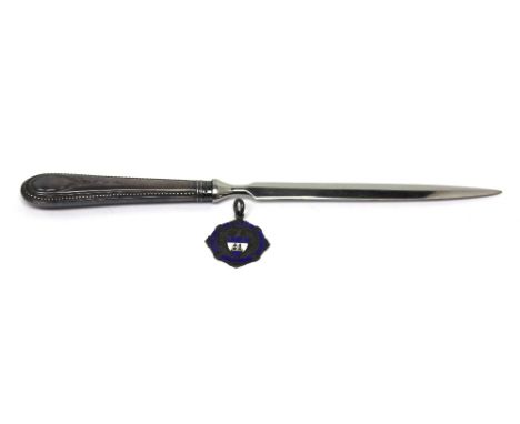 An Elizabeth II hallmarked silver handled paperknife, with bright-cut and beaded decoration, C J Vander Ltd, Sheffield 1999, 