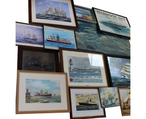 A group of maritime-themed pictures to include a watercolour, 'Lady of Mann Entering the Mersey' by R Clayton-Jones, dated 20