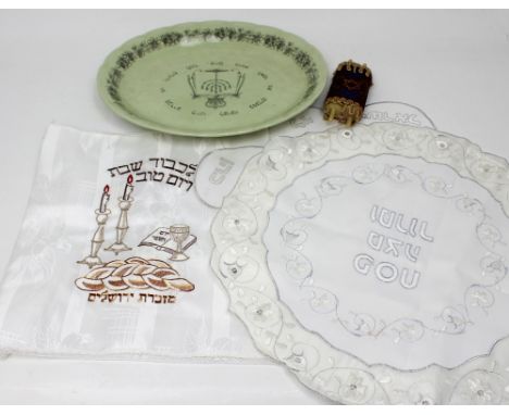 A collection of Judaica including a Grindley Seder plate, cloths, scroll etc.