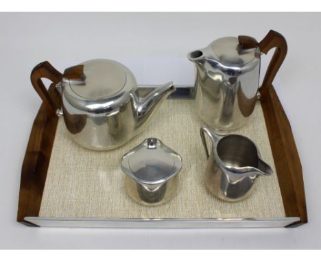 A Picquot ware tea service comprising teapot, hot water jug, milk jug, sugar bowl and tray (5).