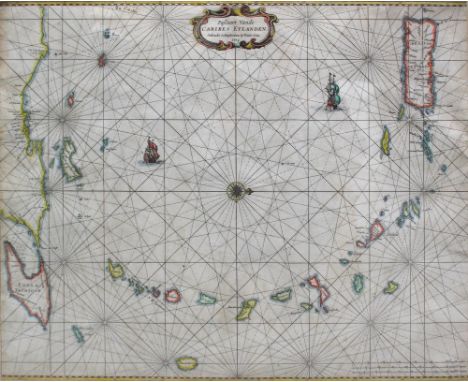 Goos, Pieter; 'Pascaert Vande Caribes Eylanden', an engraved sea chart with hand coloured outline (probably contemporary) dep