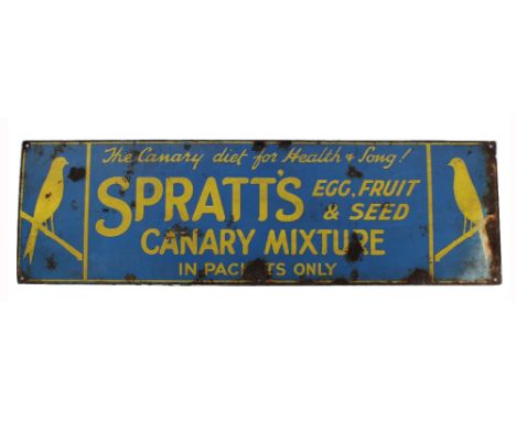 A vintage enamel advertising sign, 'Spratt's Egg, Fruit & Seed Canary Mixture - In Packets Only - The Canary Diet for Health 