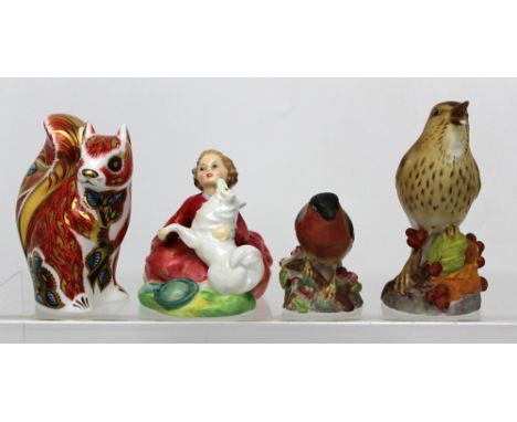 A Royal Doulton figure HN2167 'Home Again', two Royal Worcester bird figures and a boxed Royal Crown Derby 'Woodland Squirrel