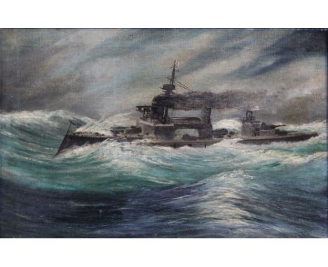 UNATTRIBUTED; a 20th century naive oil on canvas, seascape of HMS Hercules, flagship of Fourth Battle Squadron under Admiral 
