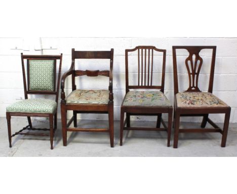 A 19th century low-back elbow chair on square tapering legs with stretcher, drop-in seat upholstered with needlework cover, a