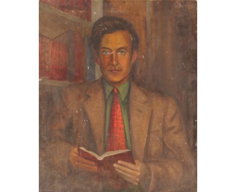 20th Century school portrait study of a man holding a book, unsigned oil on canvas, 77cm x 63cm