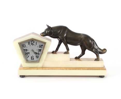 An Art Deco marble mantel clock, with bronzed wolf surmount, 50cm long
