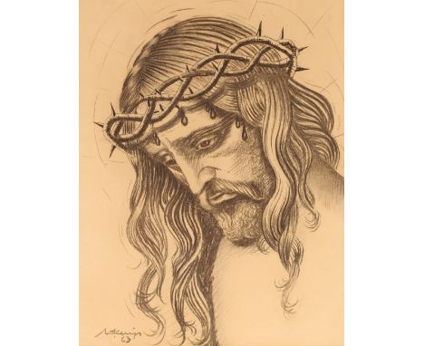 20th Century school, study of Christ with crown of thorns, indistinctly pencil signed, dated 63, 49.5cm x 39cm