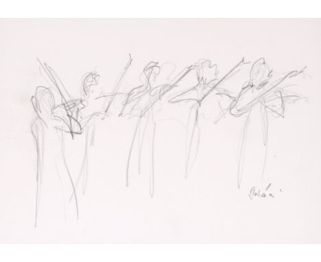 Modernist study of musicians, pencil sketch indistinctly signed, 19cm x 26cm
