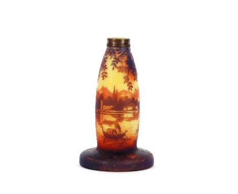 An Art Deco cameo glass lamp base, decorated figures in gondola on a lake with trailing flowers, indistinctly signed, 23cm hi