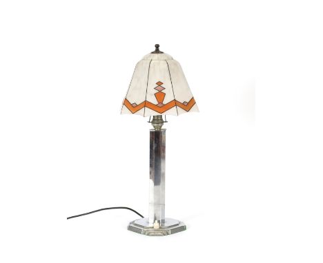 An Art Deco chrome based table lamp, with mottled glass stylised shade, 48cm high overall