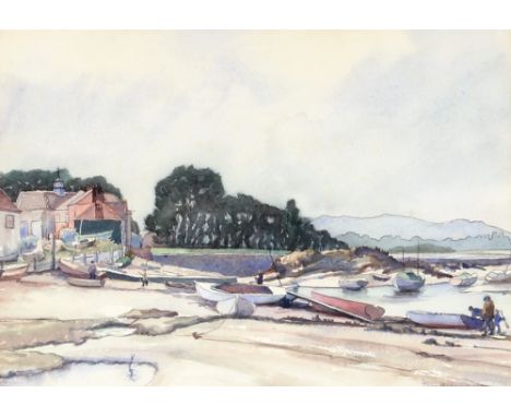 Tyga Hanmer, study of figures with fishing boats in a small harbour, pencil signed watercolour dated 1980, 23.5cm x 33cm
