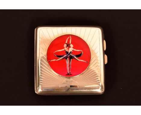 A silver and enamel decorated cigarette case, Hallmarked for Birmingham 1927