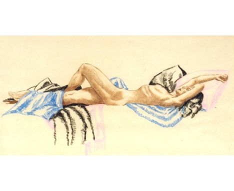 20th Century school, study of a reclining nude, unsigned watercolour, 23cm x 43cm; another by the same hand depicting semi na