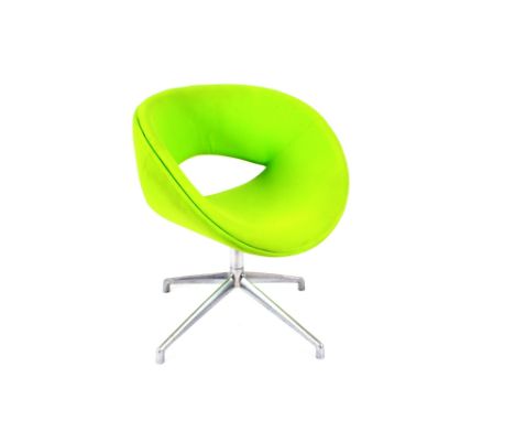 A vintage swivel tub shaped office chair, on chrome base