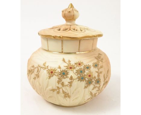 A Royal Worcester pot pourri, the blush ivory moulded body decorated with gilded and jewelled flowers, with inner cover and p