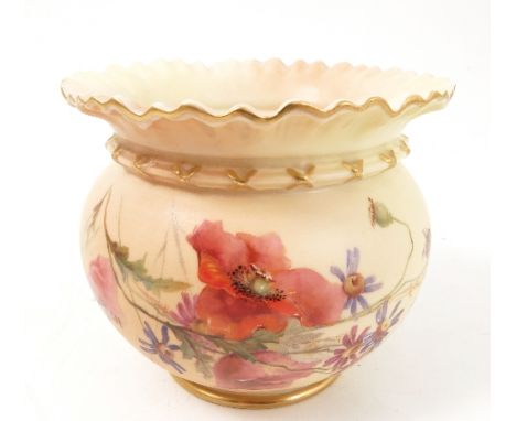 A Royal Worcester blush ivory cache pot, decorated with flowers, shape number 1651, circa 1896, height 3.75ins 