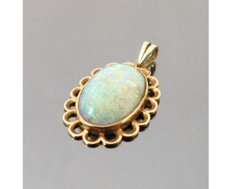 An opal pendant, the opal 18mm x 12mm, to an 18ct gold mount, weight 3.6g gross