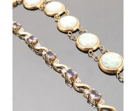 A twelve stone synthetic opal bracelet, stamped '9K', length 18cm, weight 5.1g gross, together with a tanzanite bracelet, sta