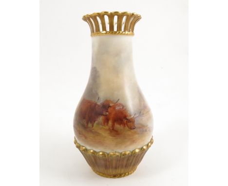 A Royal Worcester vase decorated with highland cattle by H Stinton, with gilded foliate moulded decoration and flared, pierce