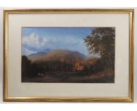 A colour print, view of the Malvern Hills and Priory, after William Turner of Oxford, 11.5ins x 19.5ins 