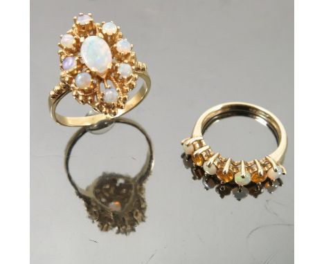 A nine stone opal cluster dress ring, stamped '14K', finger size Q 1/2, weight 4.5g gross, together with an opal and citrine 