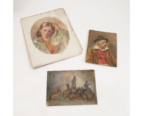 Three unframed watercolours, a study of rabbits, 5ins x 7ins, a portrait of an old man wearing a hat, inscribed verso work do