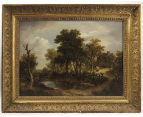 Edward (Old) Williams, oil on panel, landscape with cottage and pond, 13ins x 17.75ins, together with exhibition leaflet for 