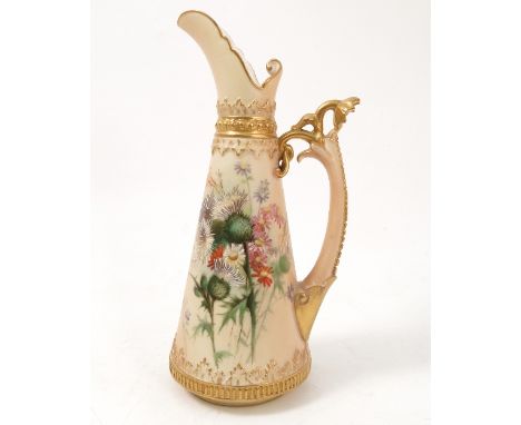 A Royal Worcester jug, decorated with thistles and field flowers, in the manner of Raby, shape number 1260, circa 1899, heigh