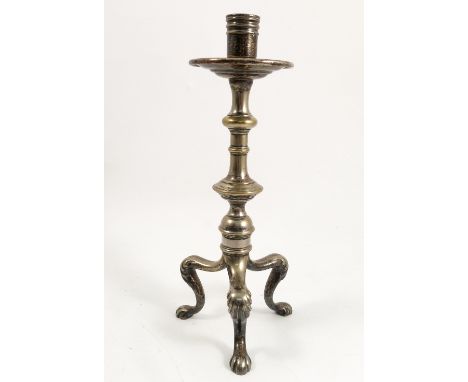 A silvered brass table lamp, with circular drip tray, knopped stem to three angular legs with pad feet, registration mark to 