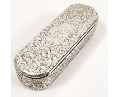 A Victorian silver table snuff box, of rectangular form with rounded ends, engraved all round with scrolls and inscription to