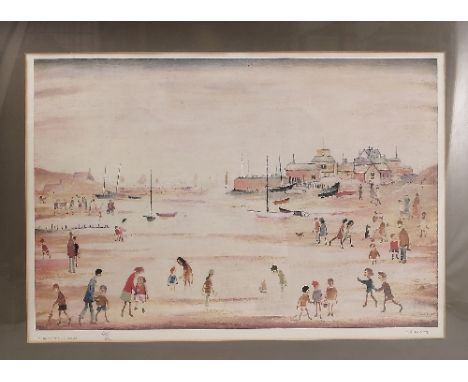 A signed limited edition Lowry print, 'On the Sands', numbered 389/500, signed in pencil, 15ins x 23ins (D)