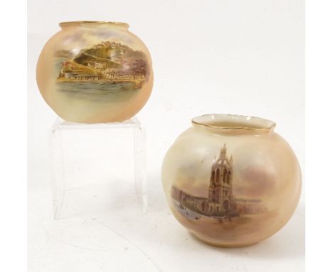 Two Royal Worcester blush ivory vases, the wrythen moulded bodies decorated with a view of St Nicholas Cathedral, Newcastle a