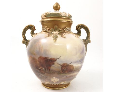 A Royal Worcester covered pot pourri, decorated with Highland cattle by John Stinton, with loch scene to reverse, to two hand