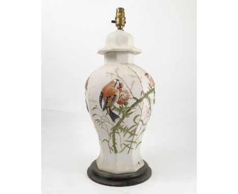 An unmarked Worcester porcelain lamp base, of octagonal baluster form, embossed with chaffinches and foliage in the manner of