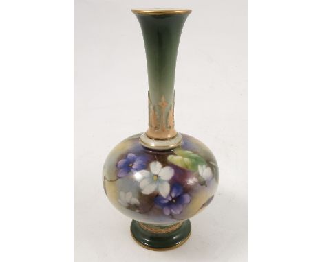 A Royal Worcester vase, decorated with flowers, to a green ground neck and foot, shape number H111, circa 1906, height 5.75in