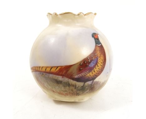 A Locke and Co Worcester blush ivory vase, painted with a cock pheasant by E Blake, with shaped edge to the neck, height 3ins