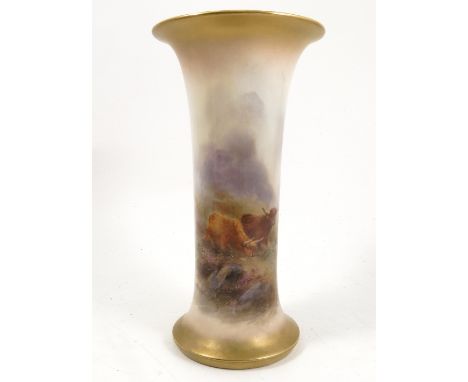 A Royal Worcester trumpet vase, hand painted with Highland cattle in landscape by H Stinton, shape number G923, dated 1921, h