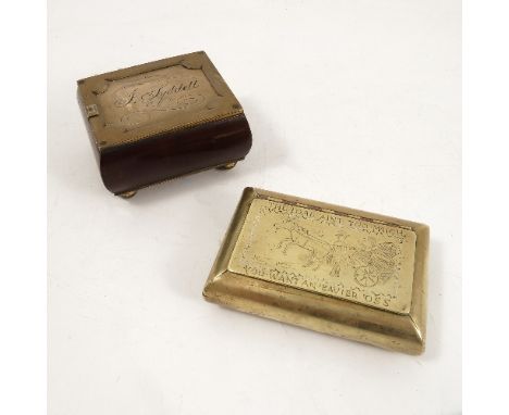 A 19th century brass snuff box, of rectangular form, the hinged lid engraved with a rearing horse pulling a wagon and engrave