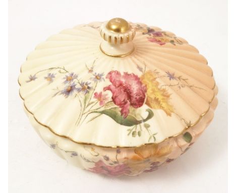 A Royal Worcester shallow covered bowl, decorated with flowers to a blush ivory ground, circa 1897/1898, diameter 6ins Condit