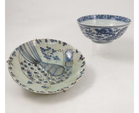 A Persian saucer dish, decorated with a bird, diameter 9ins, together with a Kangxi style bowl decorated with dragons, diamet