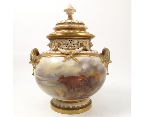 A Royal Worcester bow piece pot pourri, decorated with Highland cattle watering, by Stinton, shape number 1428, height 12.25i