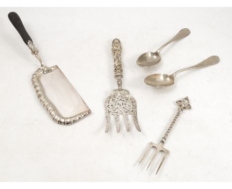 A silver plated crumb scoop, together with a silver plated fish serving fork, a toaster fork and a pair of silver plated bast