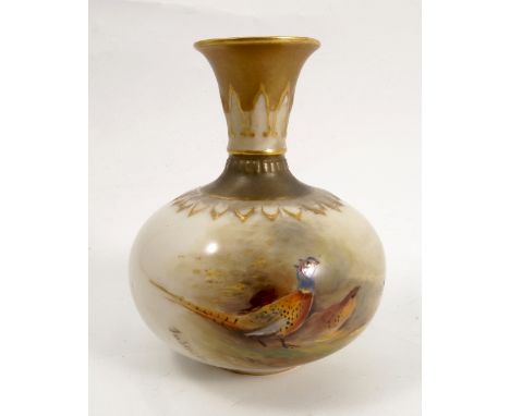 A Royal Worcester globular squat shaped vase, with foliate moulding and hand painted with pheasants in a landscape by Jas Sti