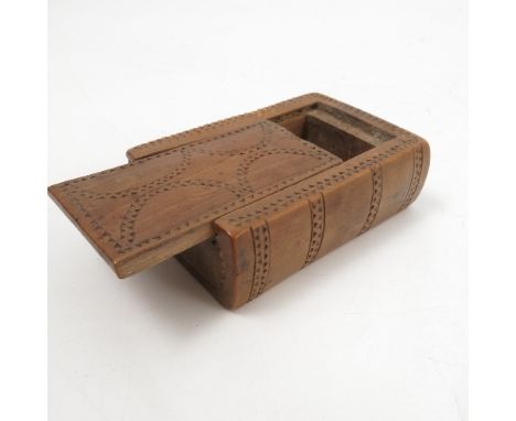 A Georgian chip carved yew wood snuff box, in the shape of a book, with carved initials A.B to the back