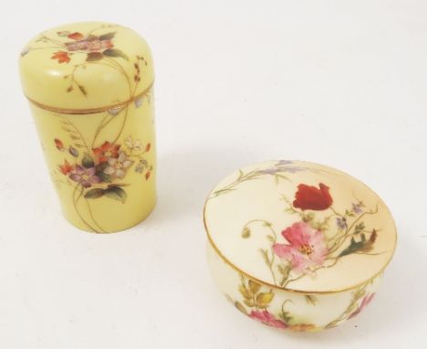 A Royal Worcester cylindrical covered pot, the yellow ground decorated with poppies, height 3ins, together with a Royal Worce